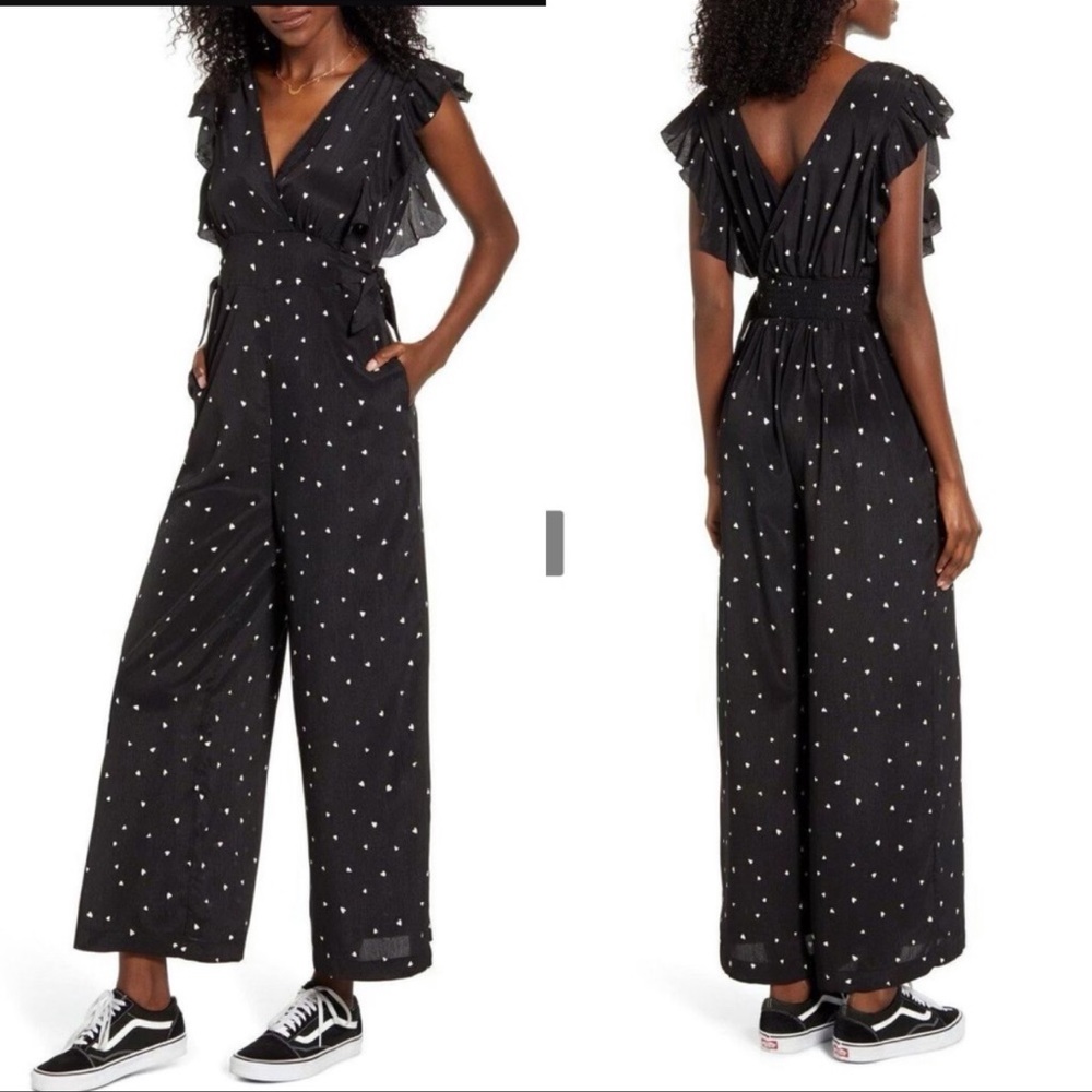 MINKPINK Black Ruffle Jumpsuit White Hearts V Neck